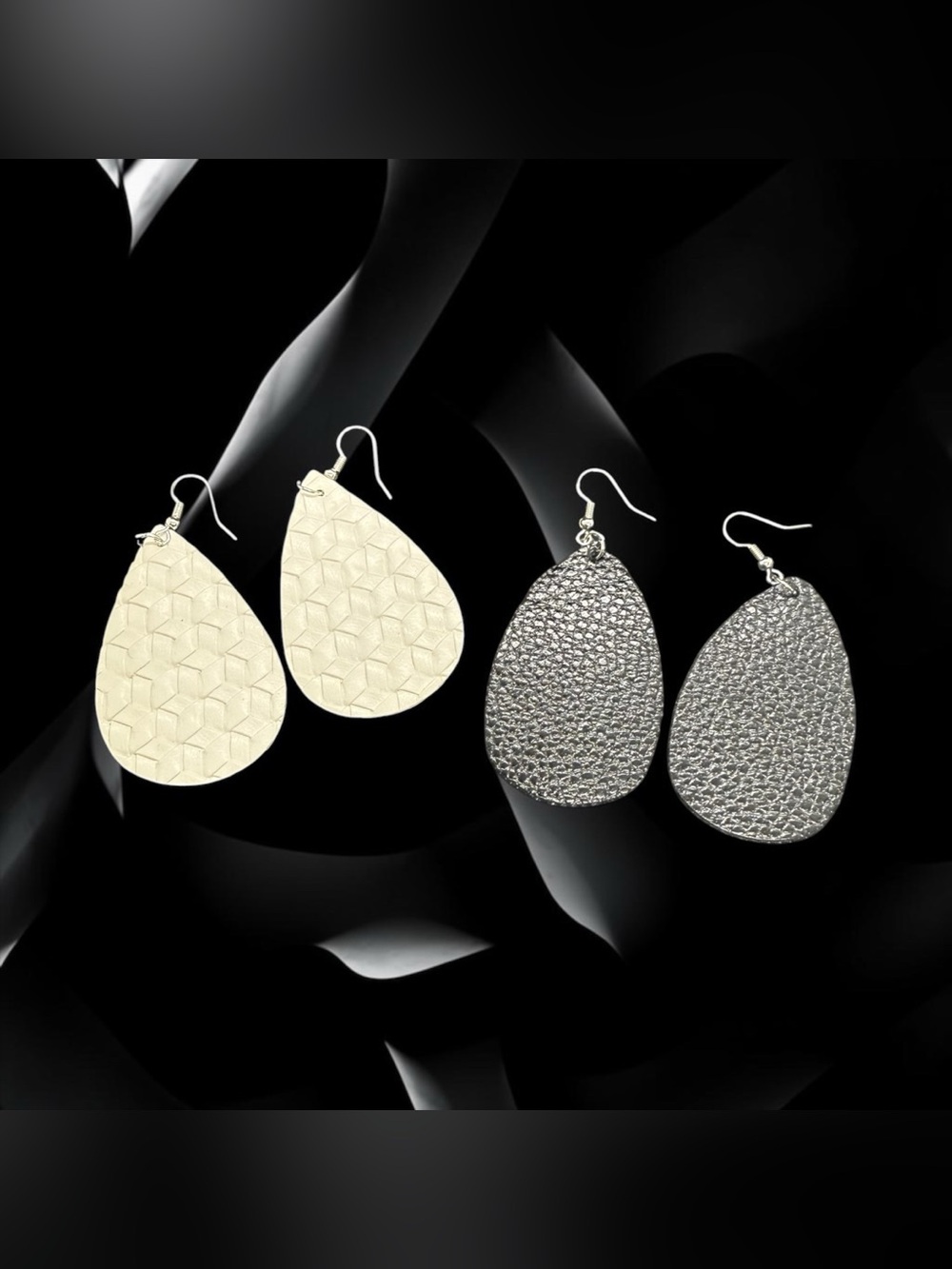 🖤🤍2-PC Set of White & Black Faux Leather Teardrop Dangle Earrings/NWOT